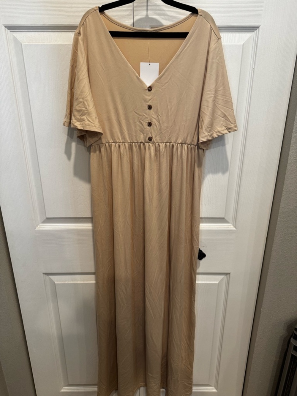 Neutral Beige V-Neck Maternity Maxi Dress with Button Detail